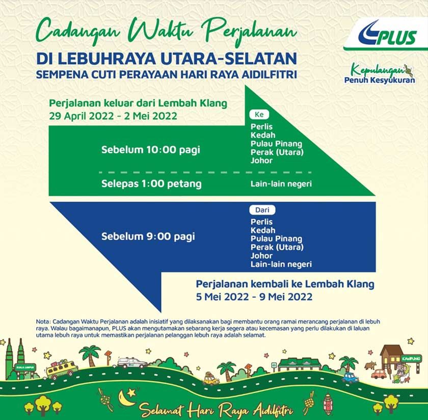 cadangan masa memandu balik kampung elak kesesakan menurut plus