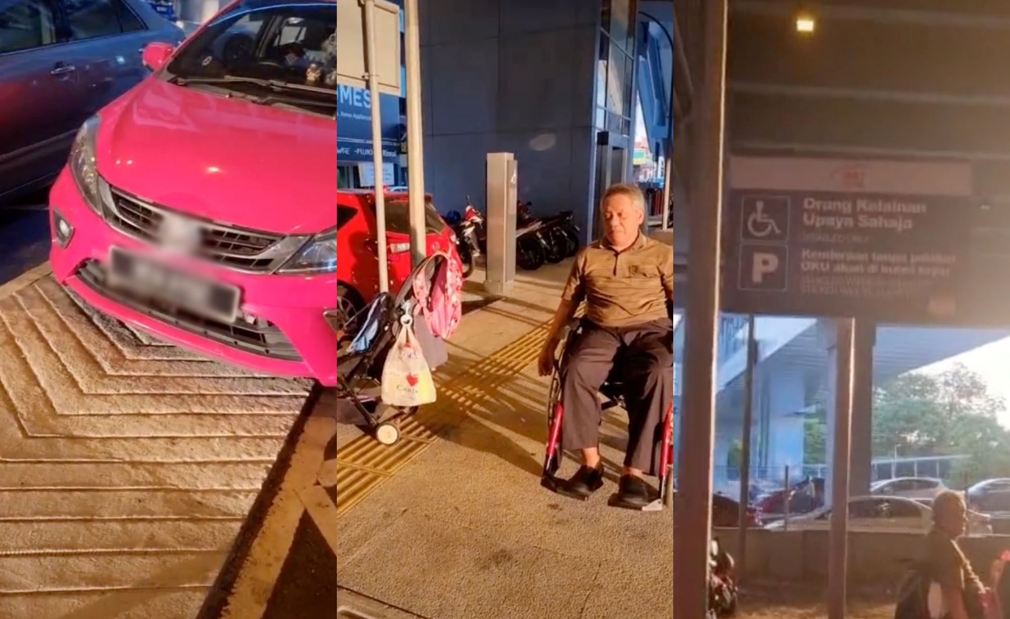 driver parks on wheelchair ramp preventing elderly man & baby in stroller from getting off the pavement
