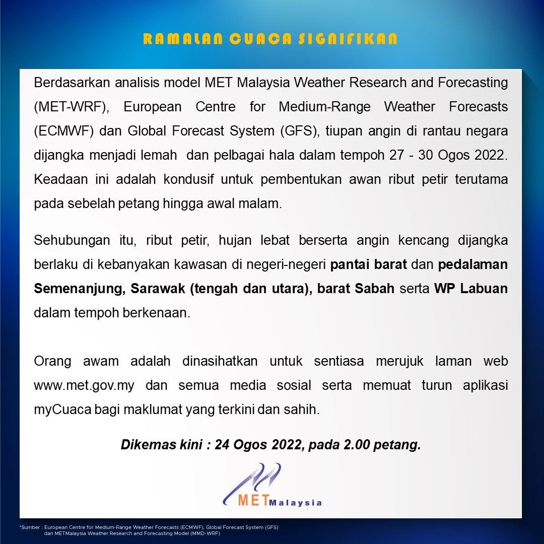amaran ribut petir seluruh negara 27 hingga 30 ogos ini