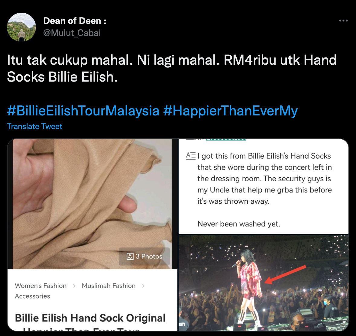 m’sian sells handsock allegedly belonging to billie eilish for rm4,800, netizens are not having it!