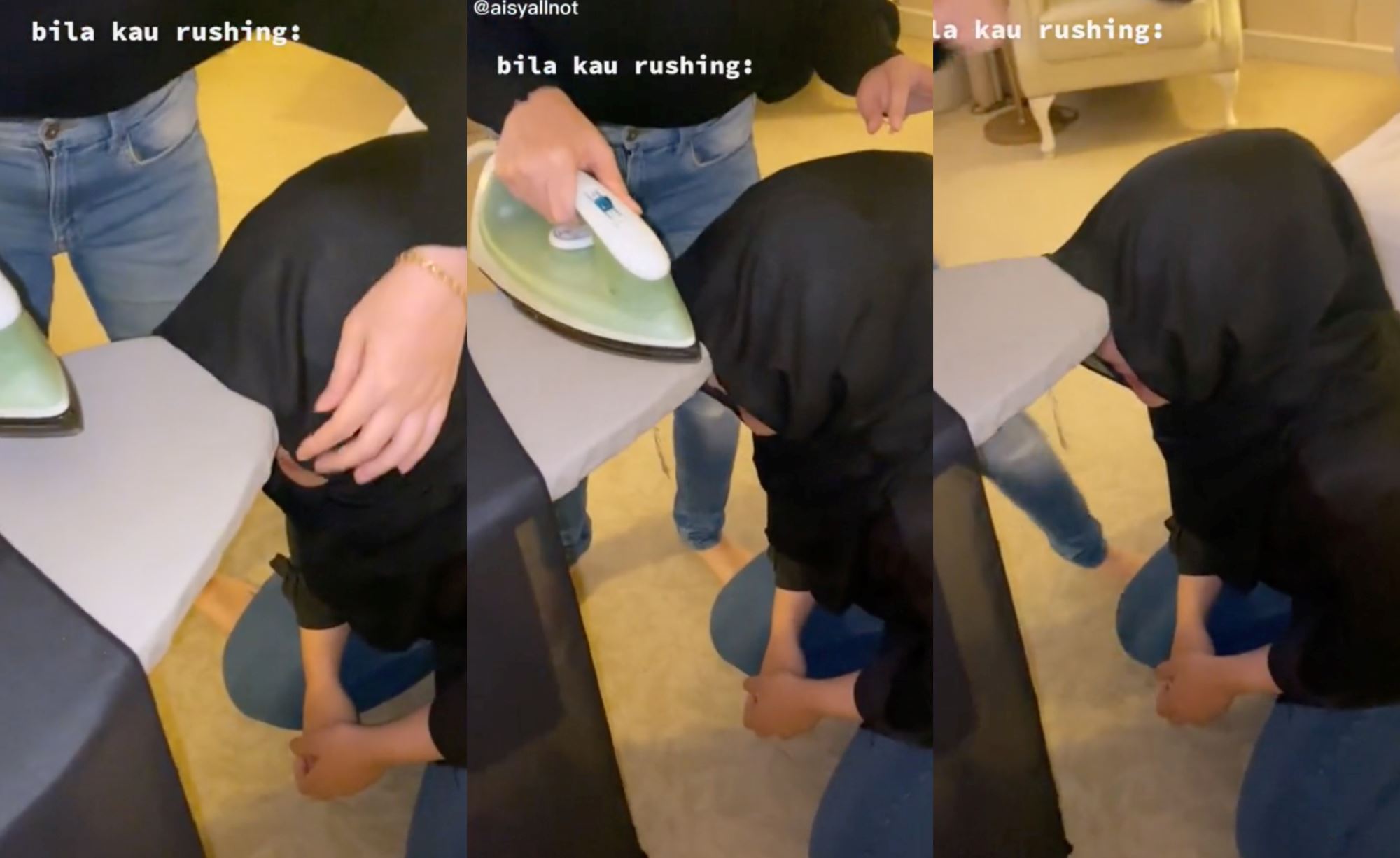 woman too lazy to iron her tudung, asks her friend to help… while she’s still wearing it!
