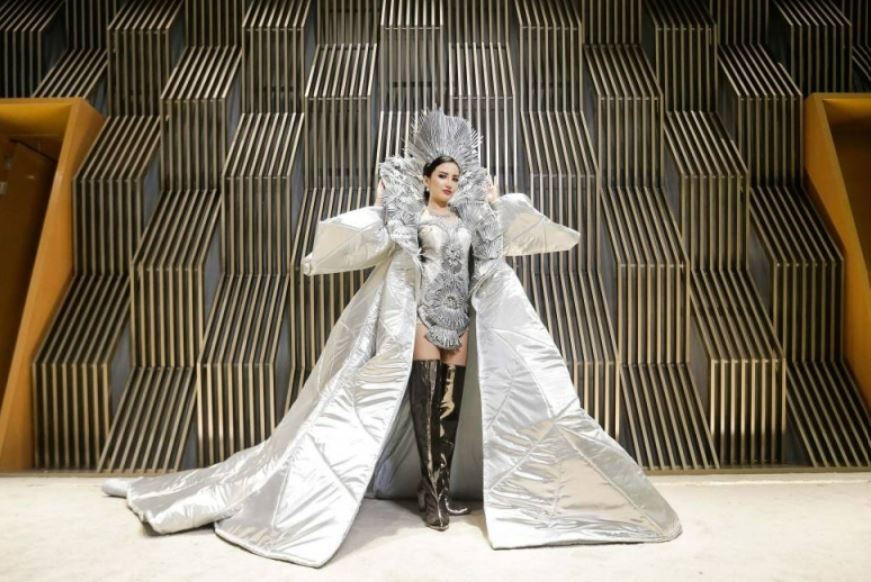 miss universe malaysia 2022’s national costume made out of recycled plastic waste, inspired by mount kinabalu