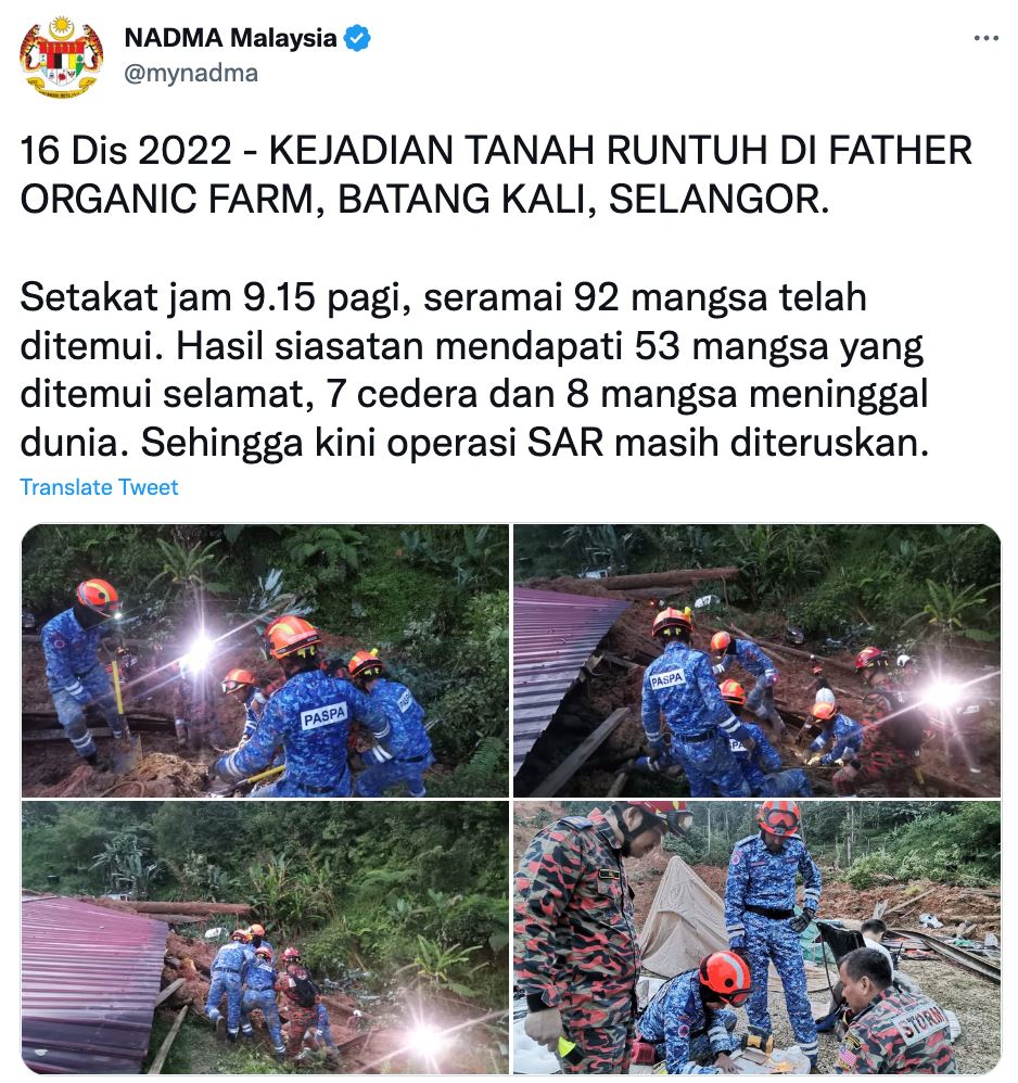 lapan dilaporkan meninggal dunia insiden tanah runtuh batang kali