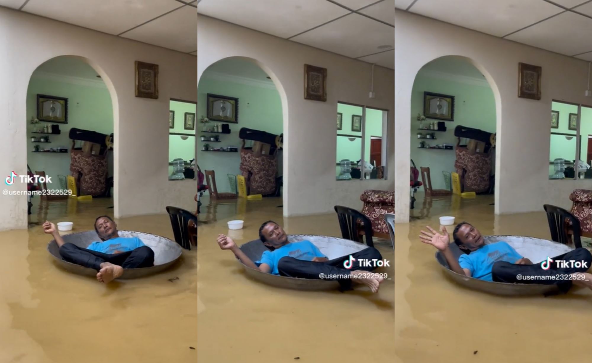 video of pakcik floating on cooking pan during floods goes viral, netizens amused