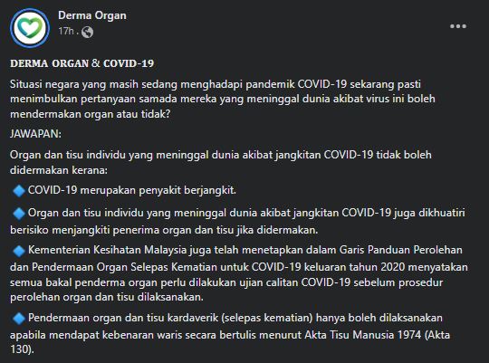 tak boleh derma organ, tisu individu meninggal akibat covid-19