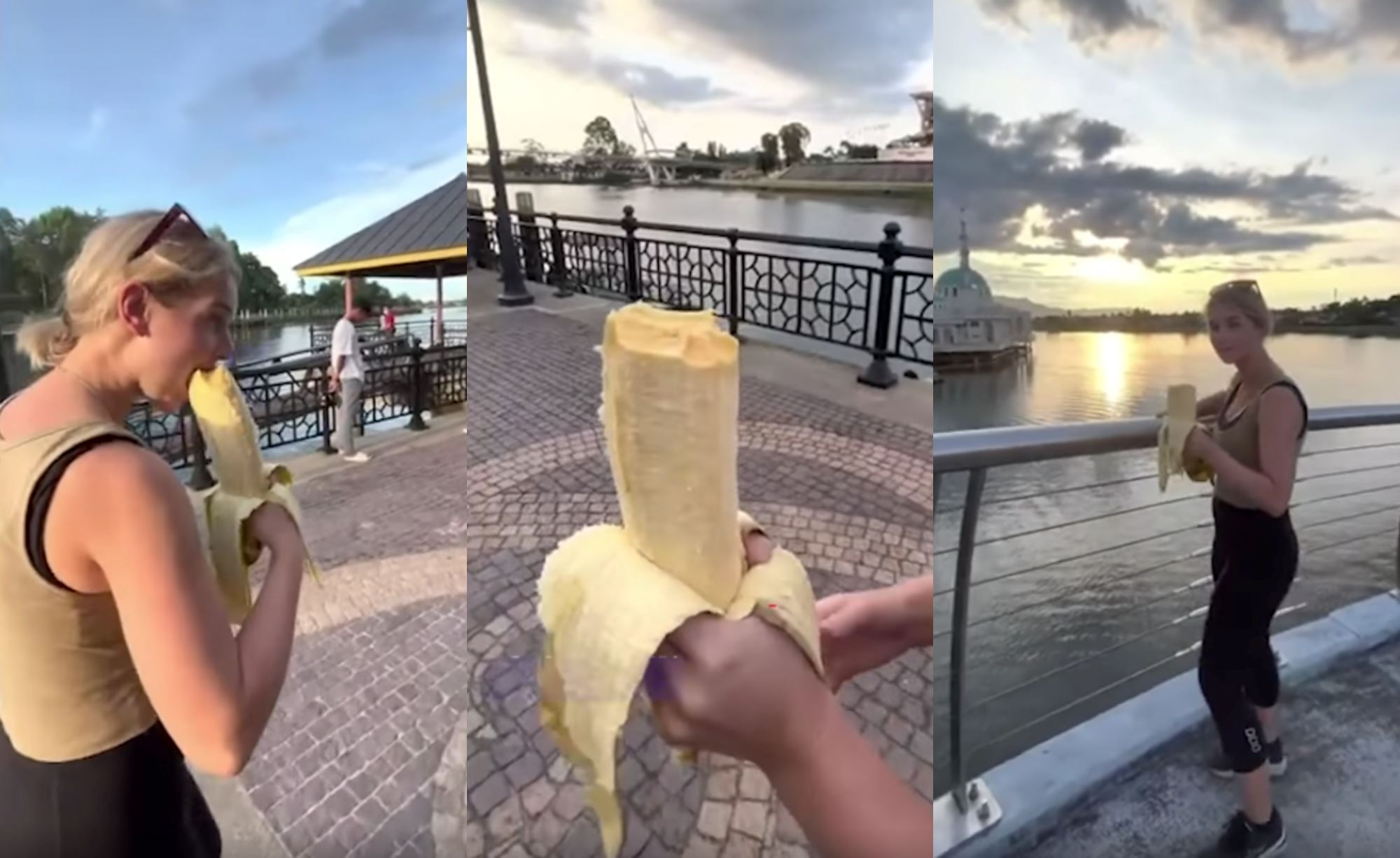 video of foreign couple went viral eating “giant banana” while walking along kuching waterfront