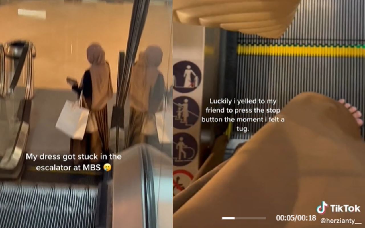 wanita alami detik cemas, kain tersangkut pada eskalator