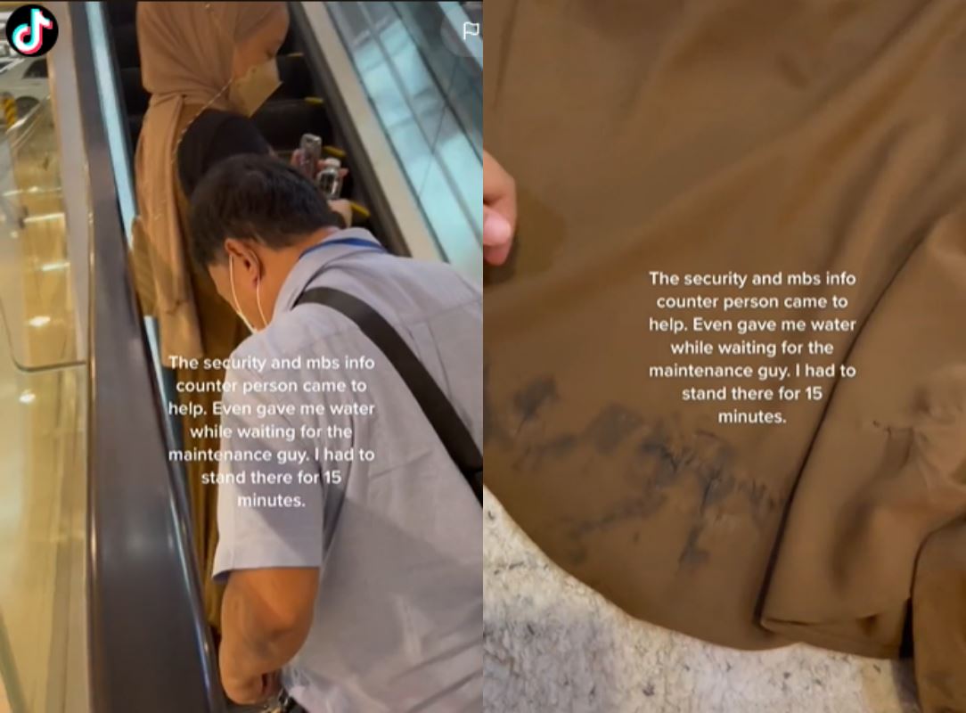 wanita alami detik cemas, kain tersangkut pada eskalator