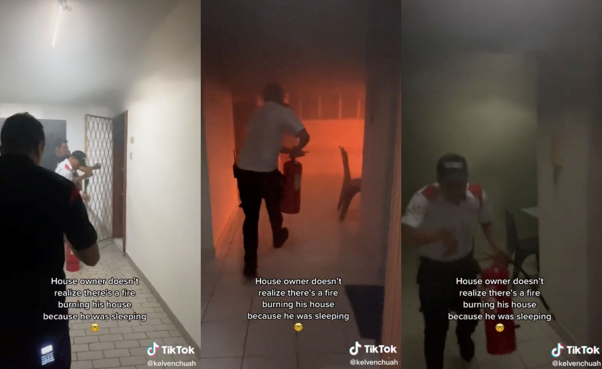 brave security guard and neighbours break into burning house, owner allegedly asleep