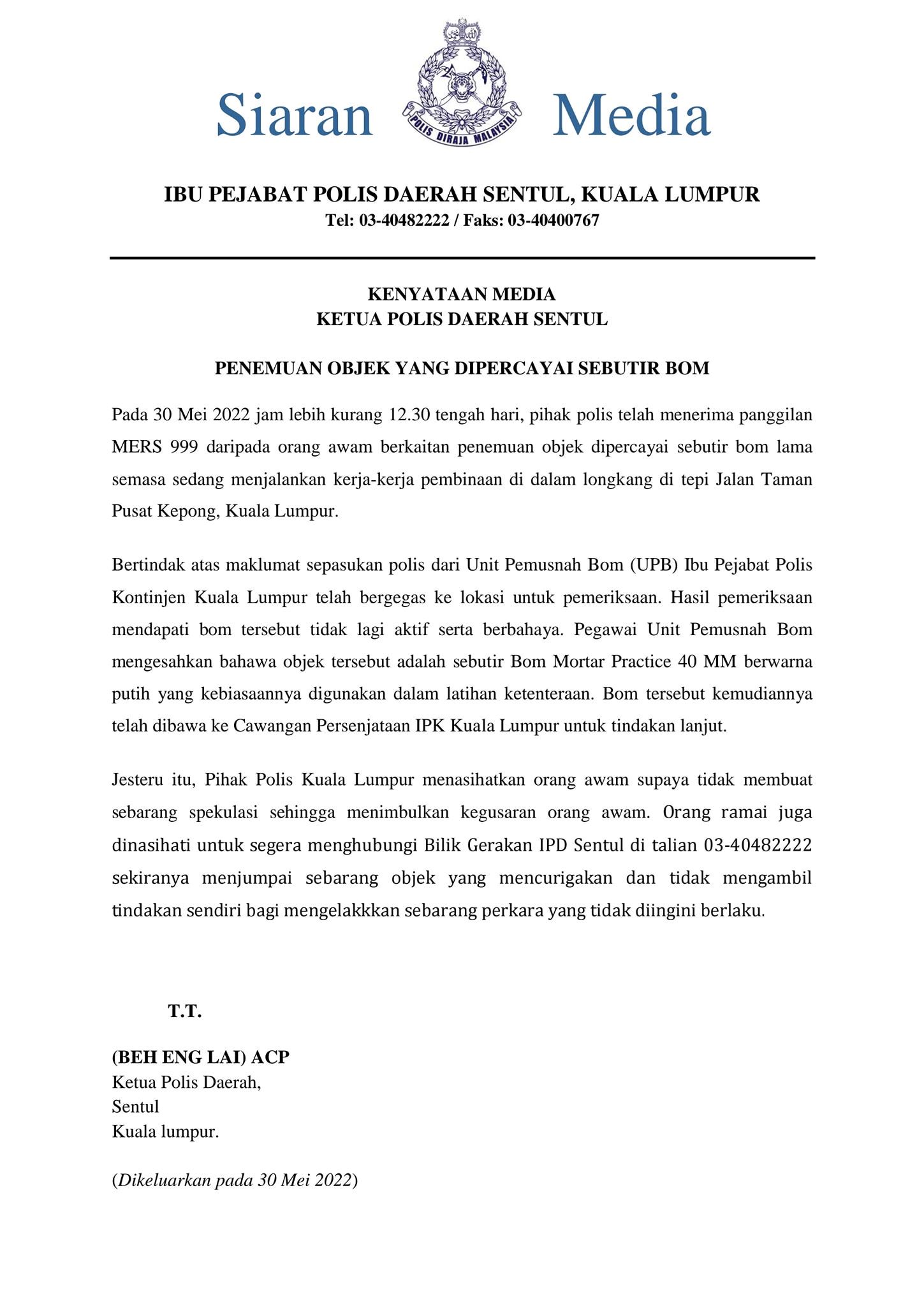 old bomb believed to be from wwii found in kepong, police confirms it’s inactive