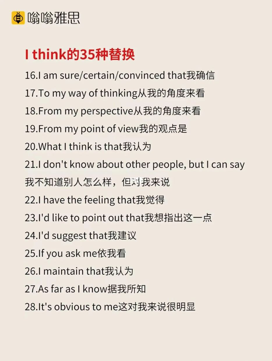 ✏️你只会用i think❓还有35个替换：it seems to me that...
