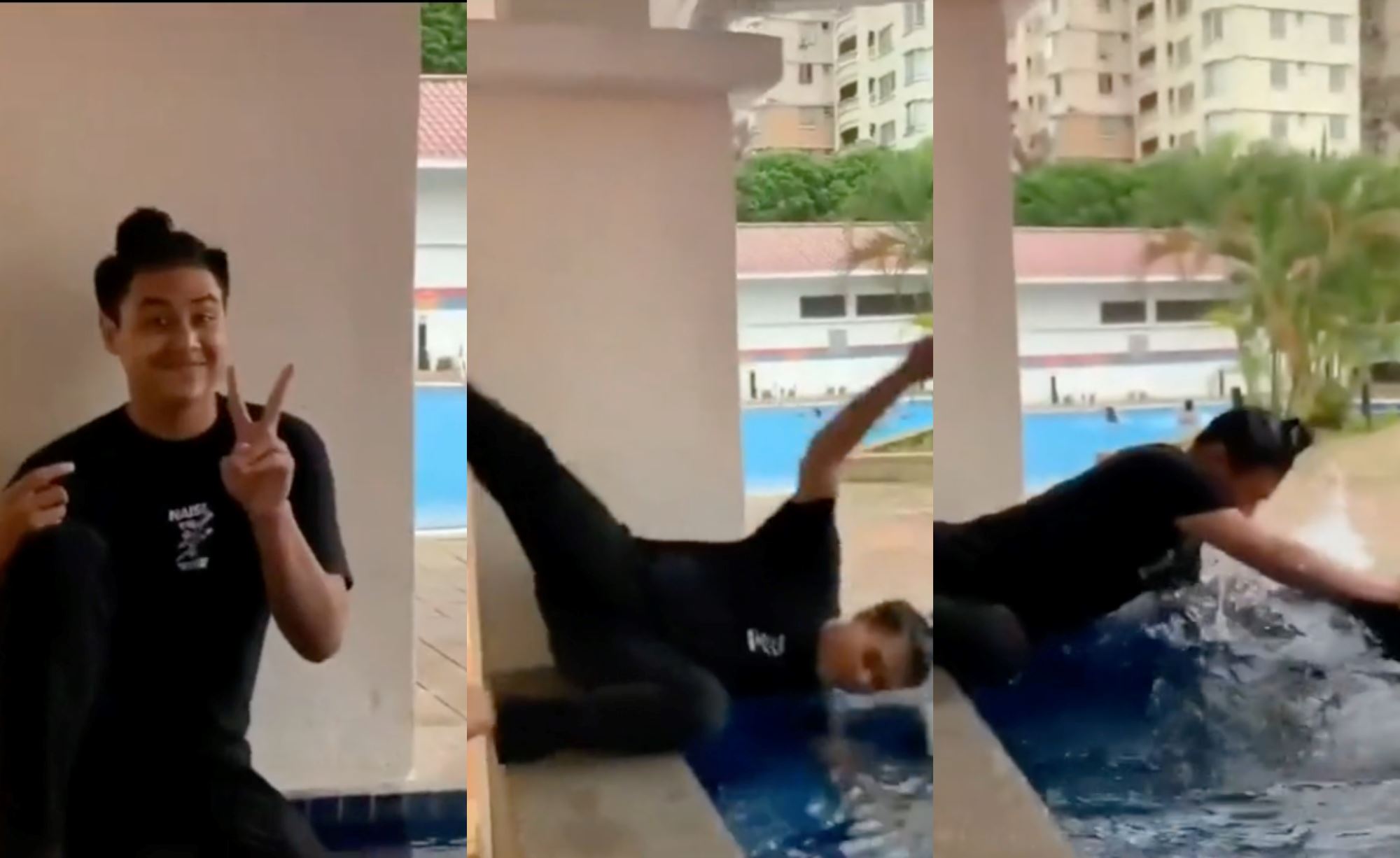 young man loses balance while posing for video, falls face first into pool