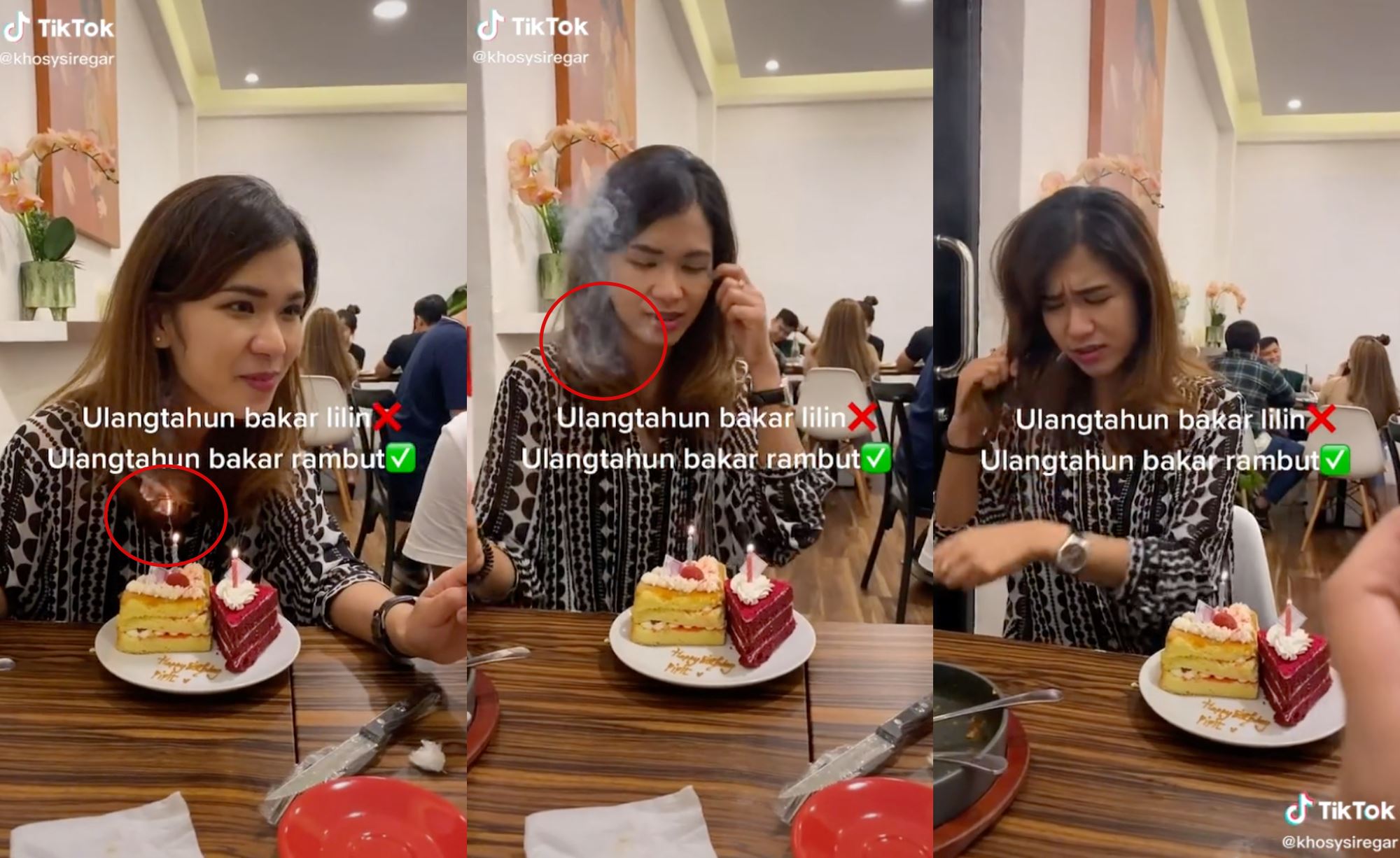 birthday excitement! woman didn’t realise her hair caught fire from the candle