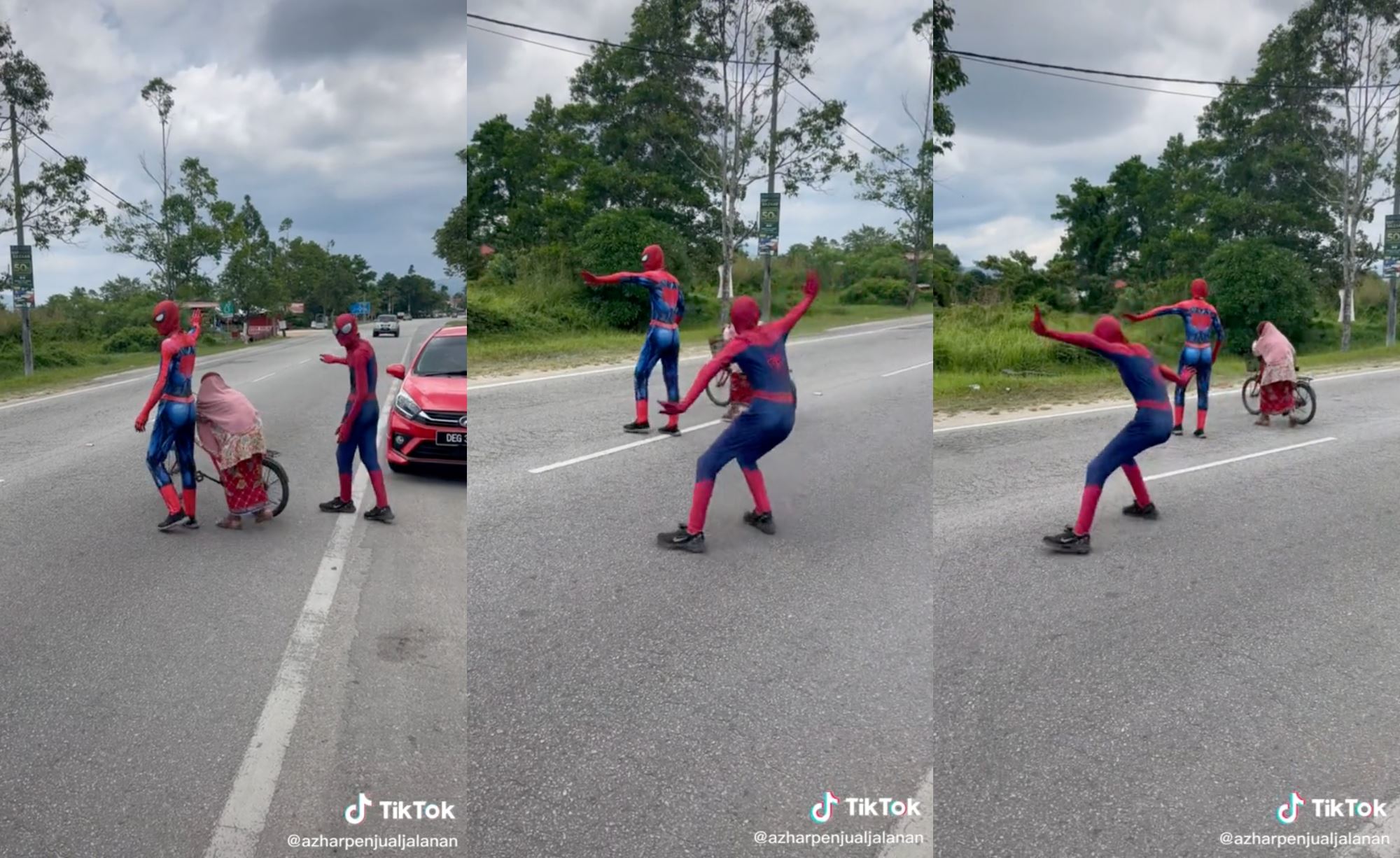hilarious! spider-man “overprotects” makcik while helping her to cross the road