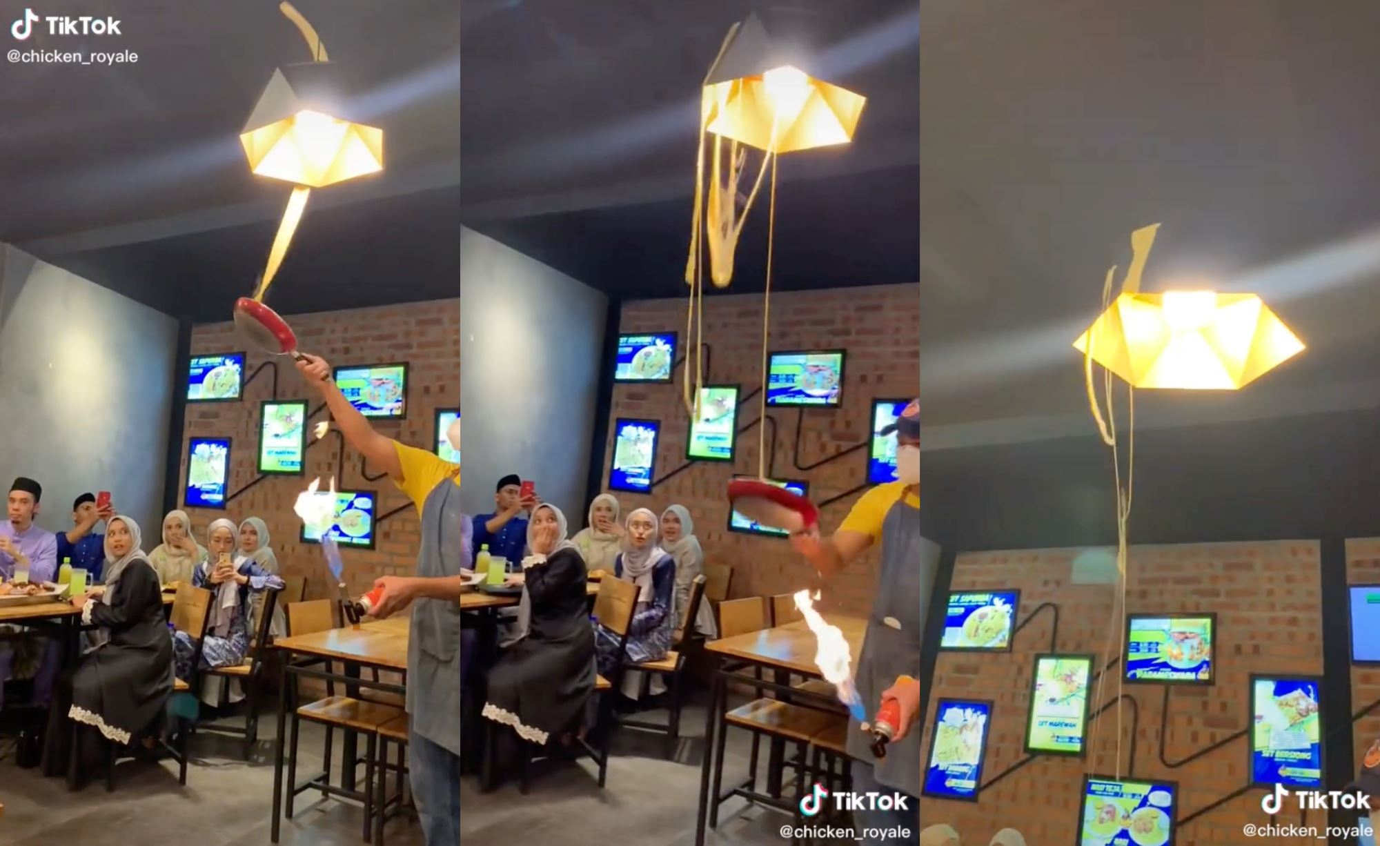 “skills gone wrong!” man toss melted cheese in pan, caught in light fixtures instead!