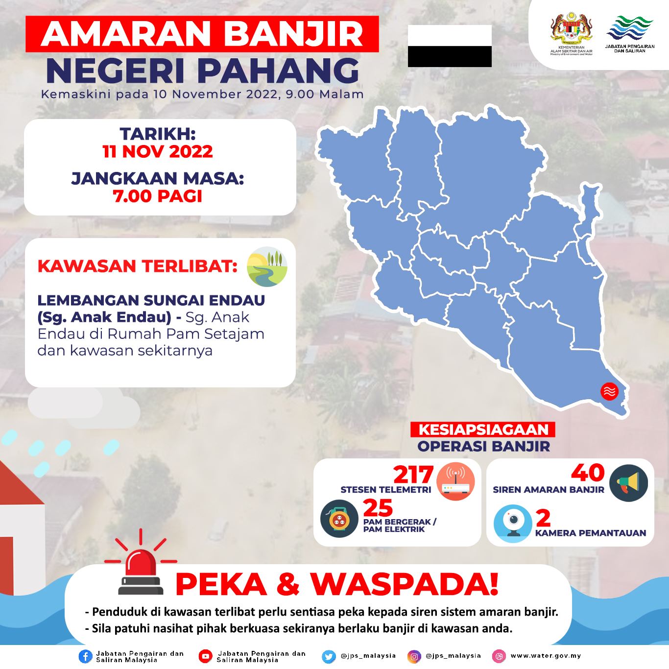 irrigation and drainage department issues flood warning in pahang, johor, selangor, melaka, negeri sembilan and sarawak