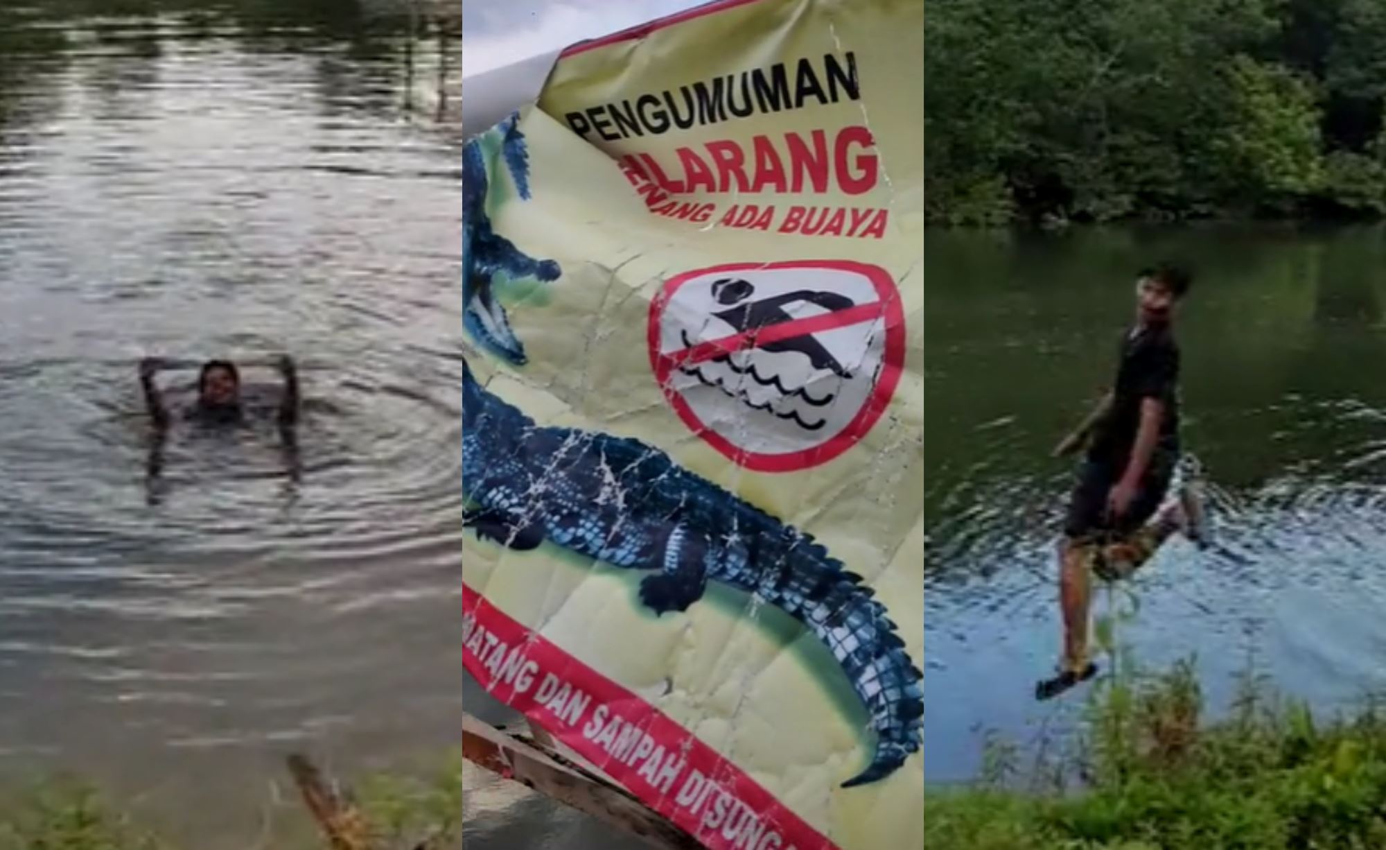 group of teens seen having fun swimming in river until they came across warning sign “beware of crocodiles”