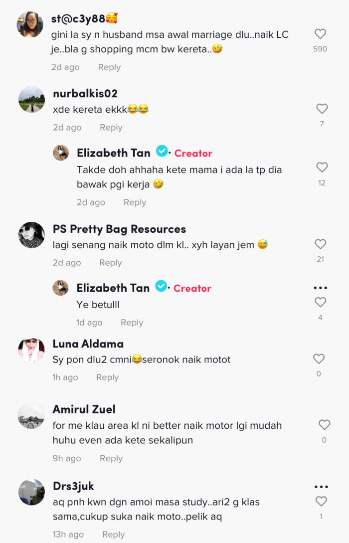 hanya guna motor, elizabeth tan dan suami akui tidak punya kereta