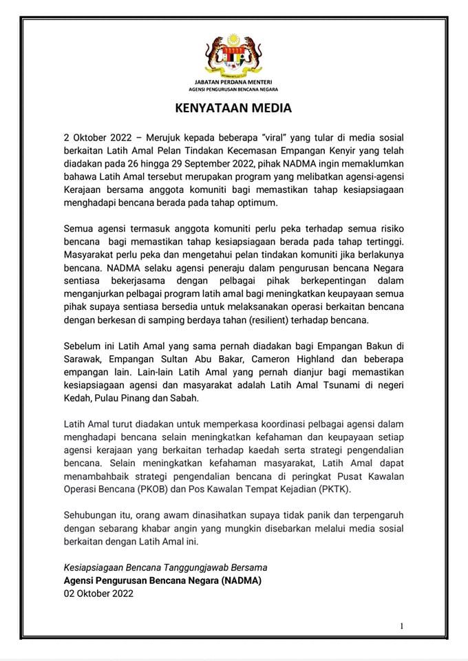 nadma nafi dakwaan empangan kenyir bakal pecah tahun ini