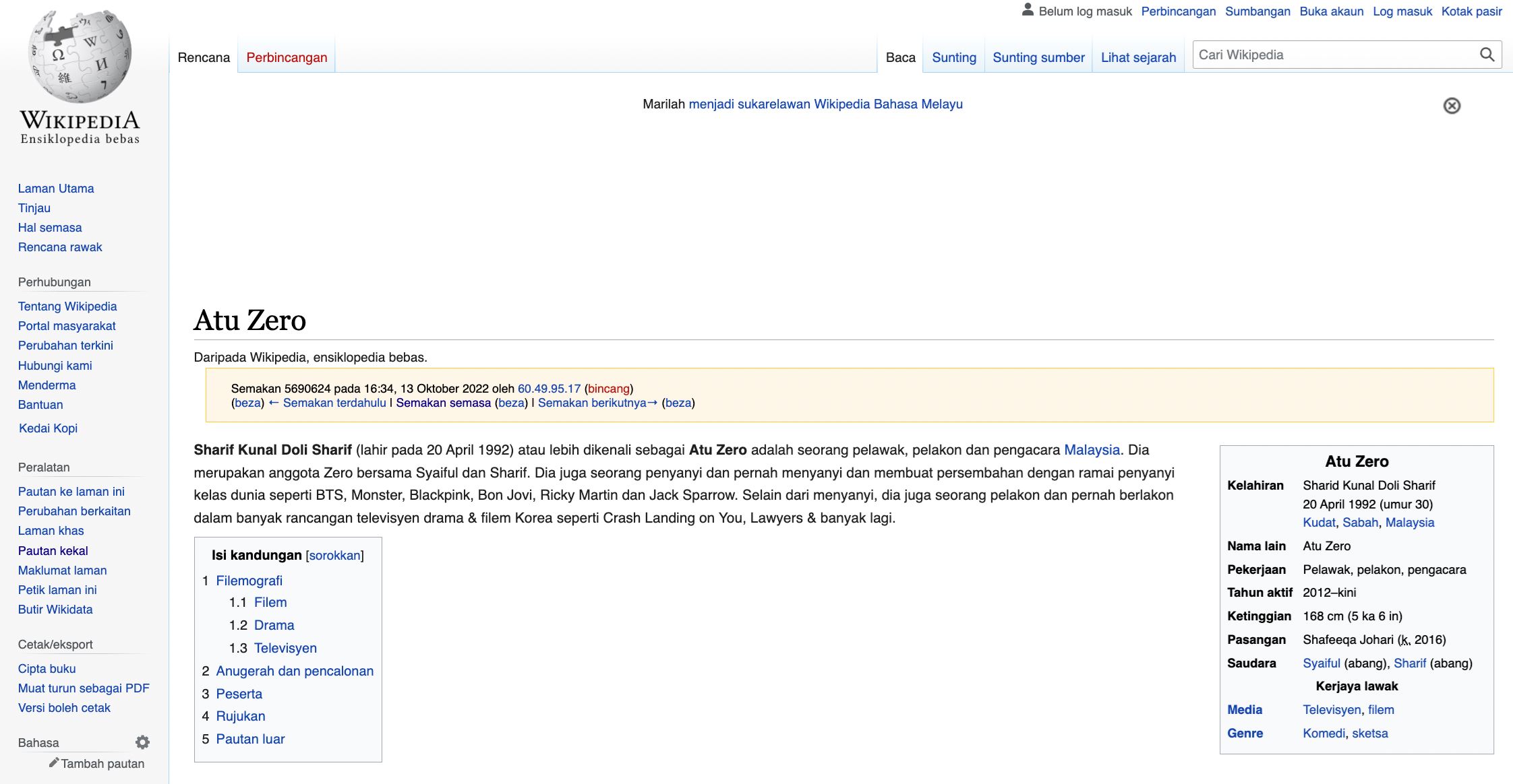 wikipedia tulis atu zero pernah nyanyi dengan bts, blackpink. ini respon tuan badan