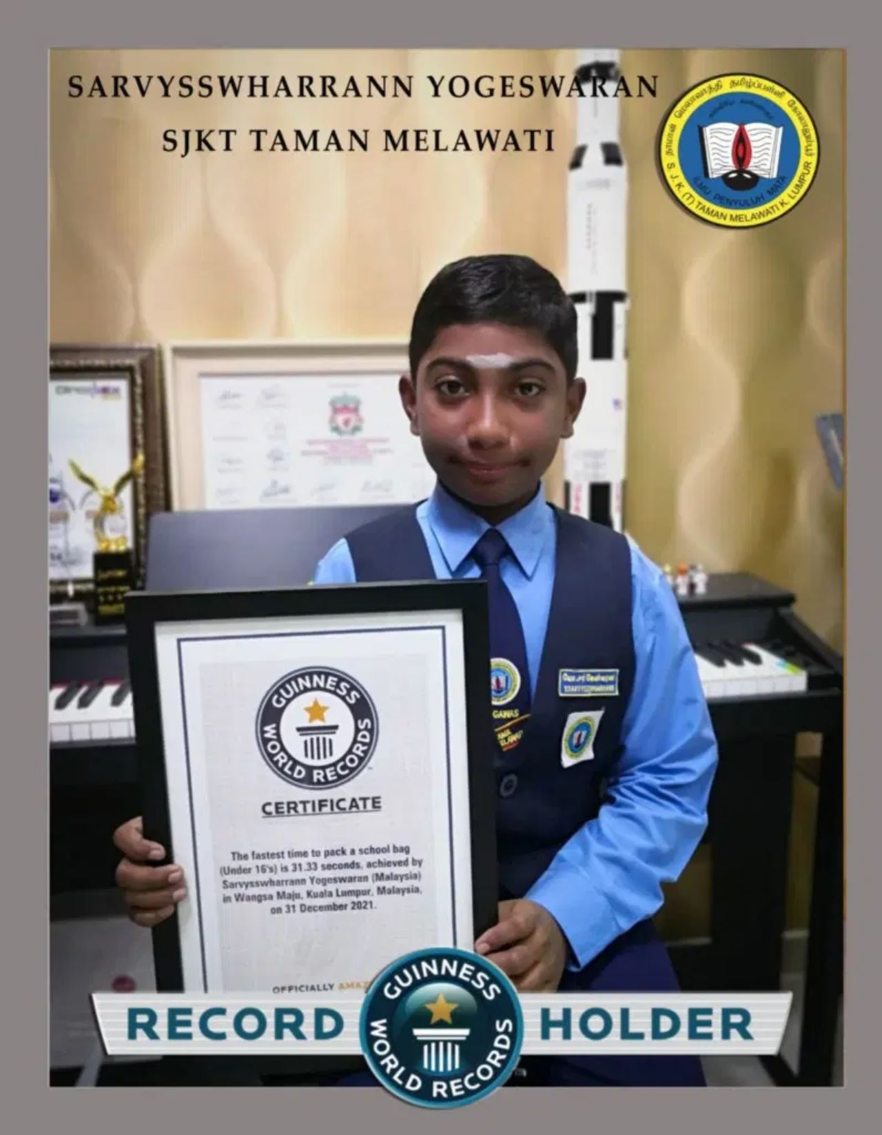 murid dari malaysia catat rekod dunia kemas beg sekolah paling pantas