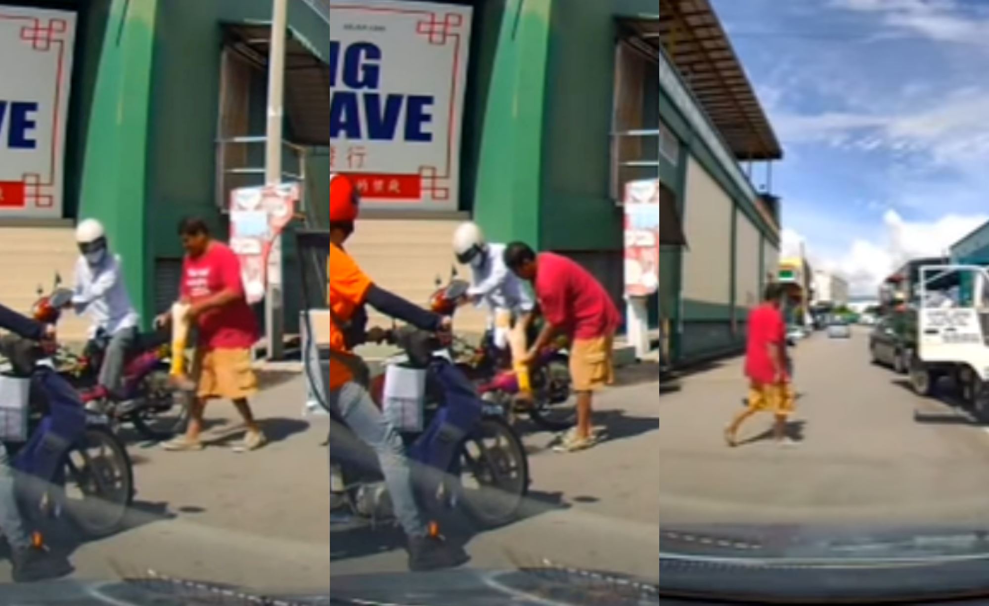 penang motorcyclist lost his prosthetic leg, kind lorry driver helps pick it up and put it back on for him
