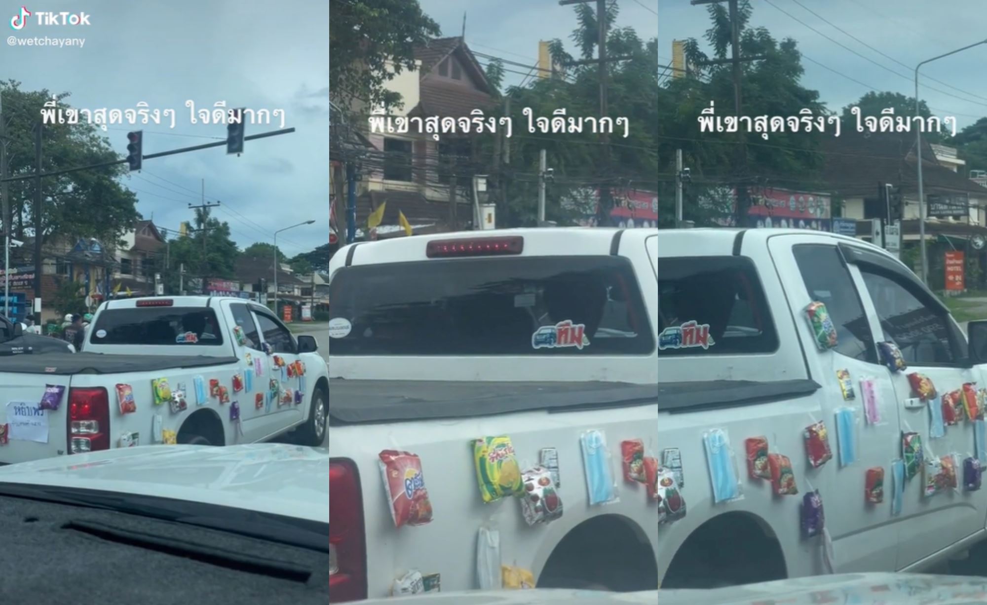 candies, facemasks and snacks stuck all around pick-up truck in thailand, free for people to take!
