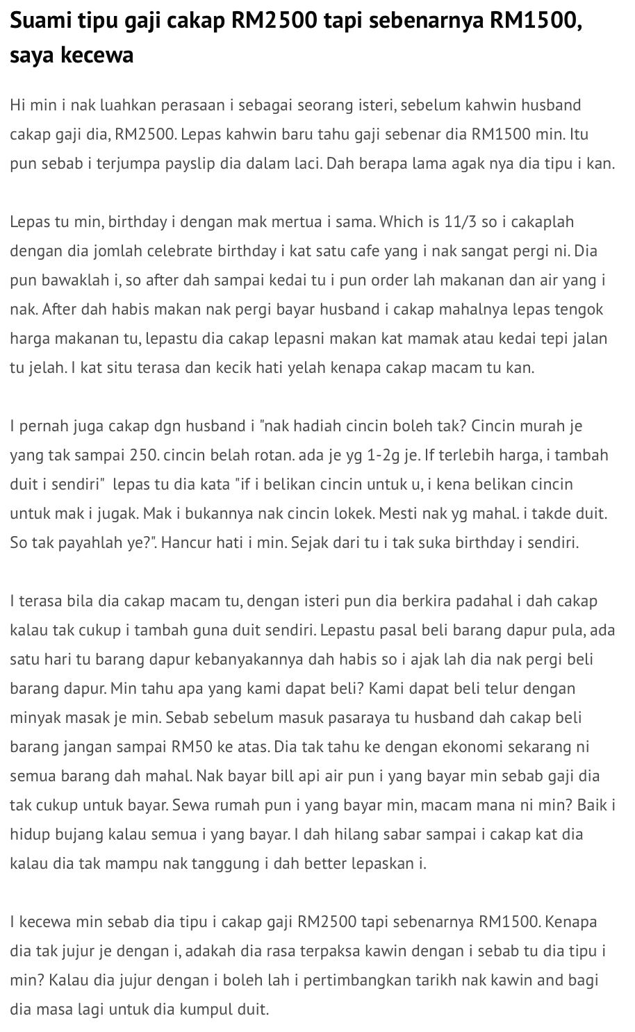 isteri kecewa suami tipu kata gaji rm2,500 tapi rupanya lagi rendah. apa kata anda?