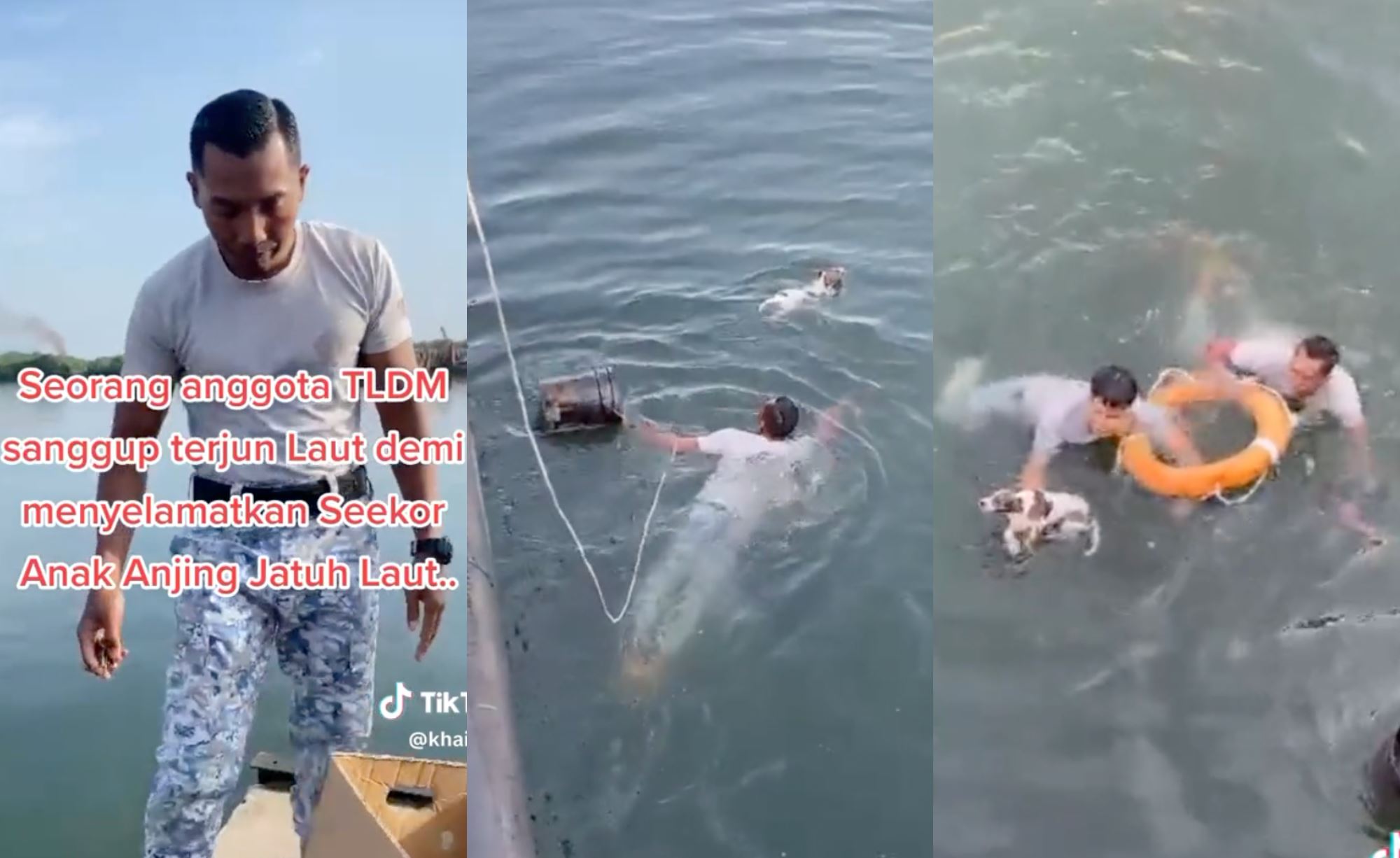 royal malaysian navy officers rescuing puppy from drowning in the sea captured on video