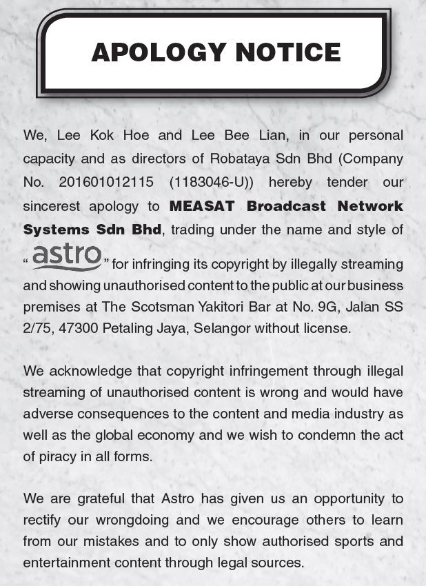 astro secures court orders against f&b outlets found to be illegally streaming its contents