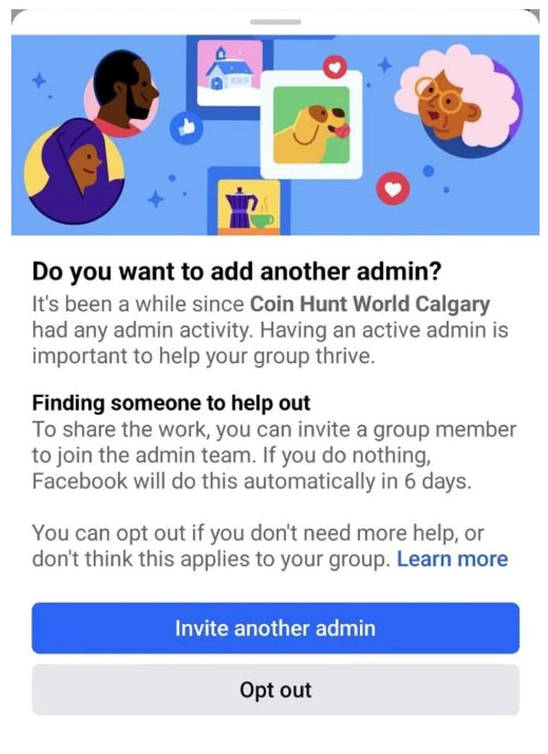 meta beri amaran admin kumpulan kena aktif, atau diganti dengan orang lain