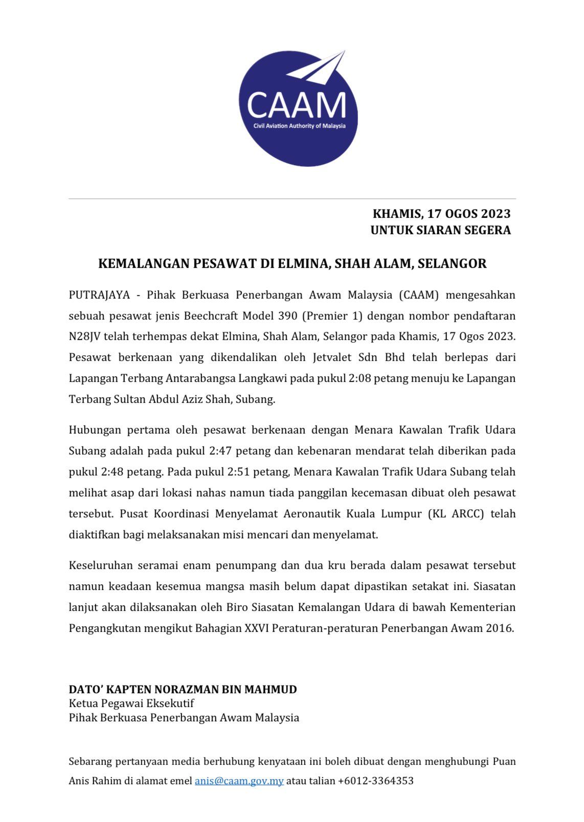 ada 8 penumpang dan anak kapal dalam pesawat terhempas di elmina, shah alam