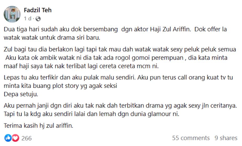 zul ariffin tolak lakon watak seksi, peluk perempuan, “maaf, saya tak nak terlibat lagi,”