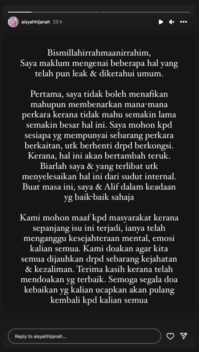 “mohon henti kongsi hal rumah tangga saya sebab..,” – aisyah hijanah