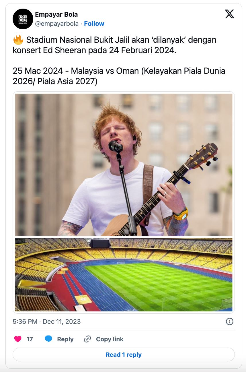 konsert ed sheeran feb 2024 mungkin diteruskan di stadium bukit jalil, peminat risau fikir pasal padang