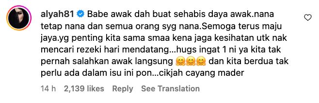 “kita berdua tak perlu ada dalam isu ini pun..,” alyah tak simpan dendam pada siti nordiana