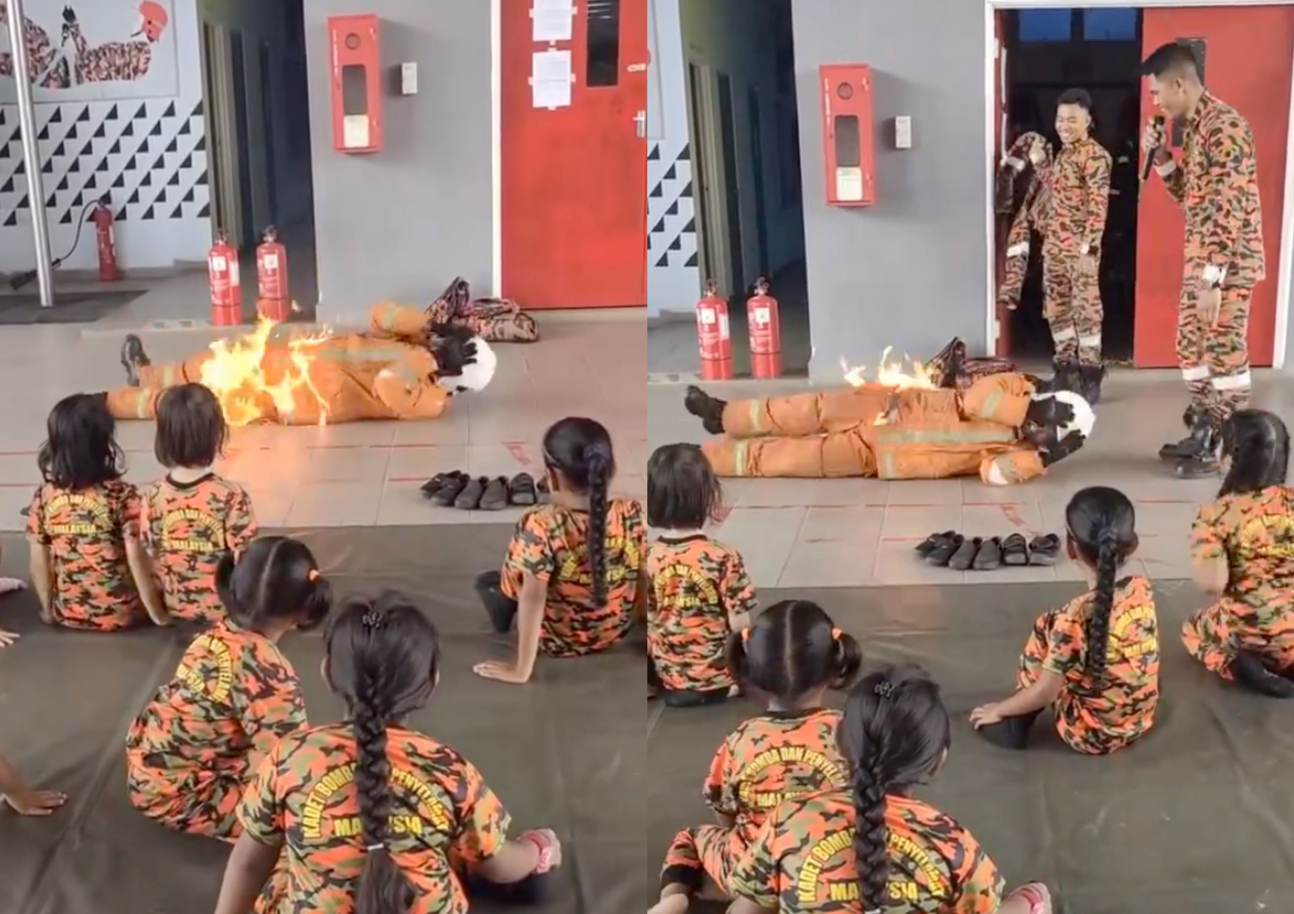 a hero! m'sians online praise abang bomba for demonstrating the stop, drop and roll technique to kids!