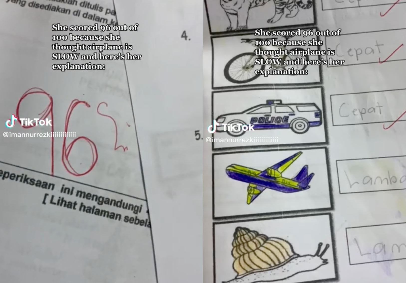 “we waited hours!” young girl scored 96% on her test because she answered aeroplanes are “lambat”
