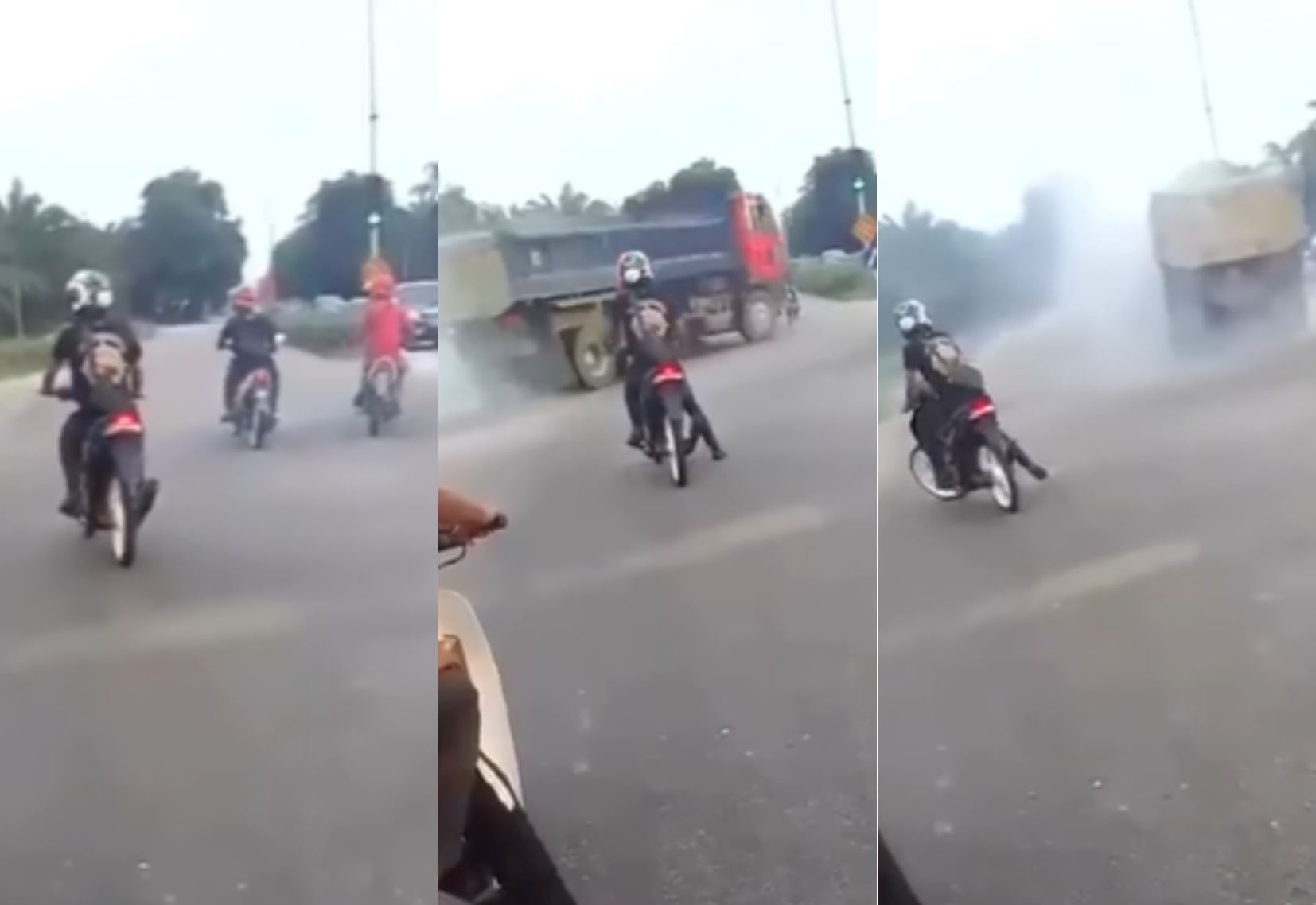 lorry driver and “mat rempits” try running red light & almost hitting each other