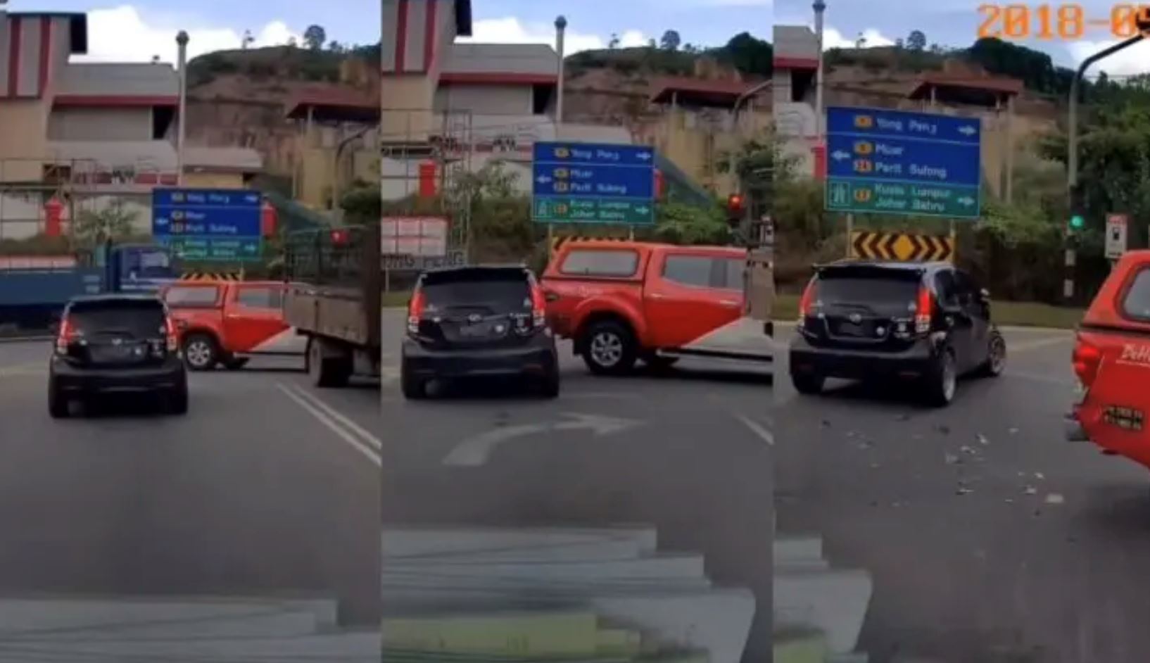 driver crashes into pickup truck that was blocking its way at intersection in johor