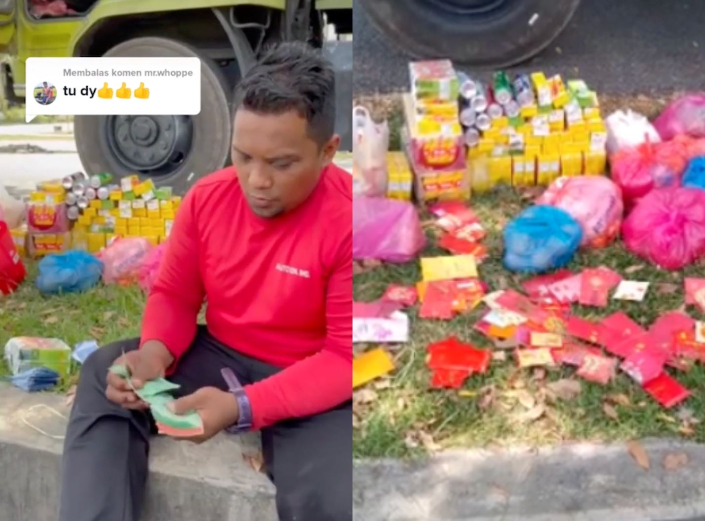 abang cleaner collects rm809 angpows, mandarin oranges & box drinks during his shift on cny!