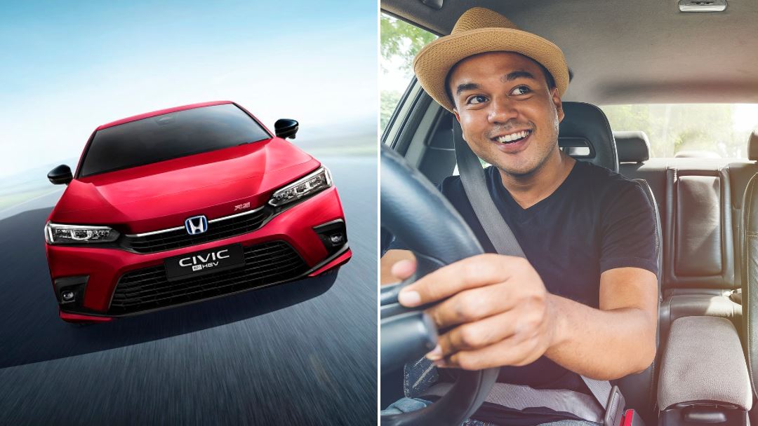 Honda Civic e:HEV RS and happy male Asian driver