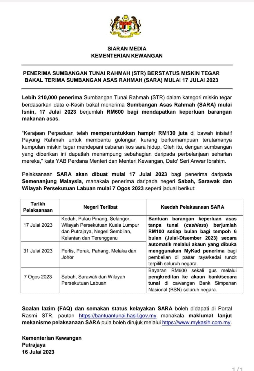 lebih 210,000 penerima str mula terima rm600 hari ini