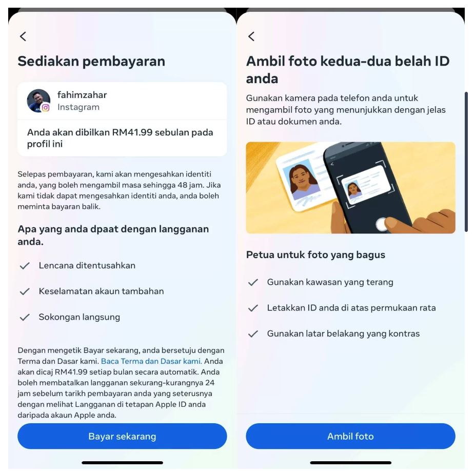 meta tawar tanda calit biru pada ig dan fb dengan bayaran bulanan di malaysia
