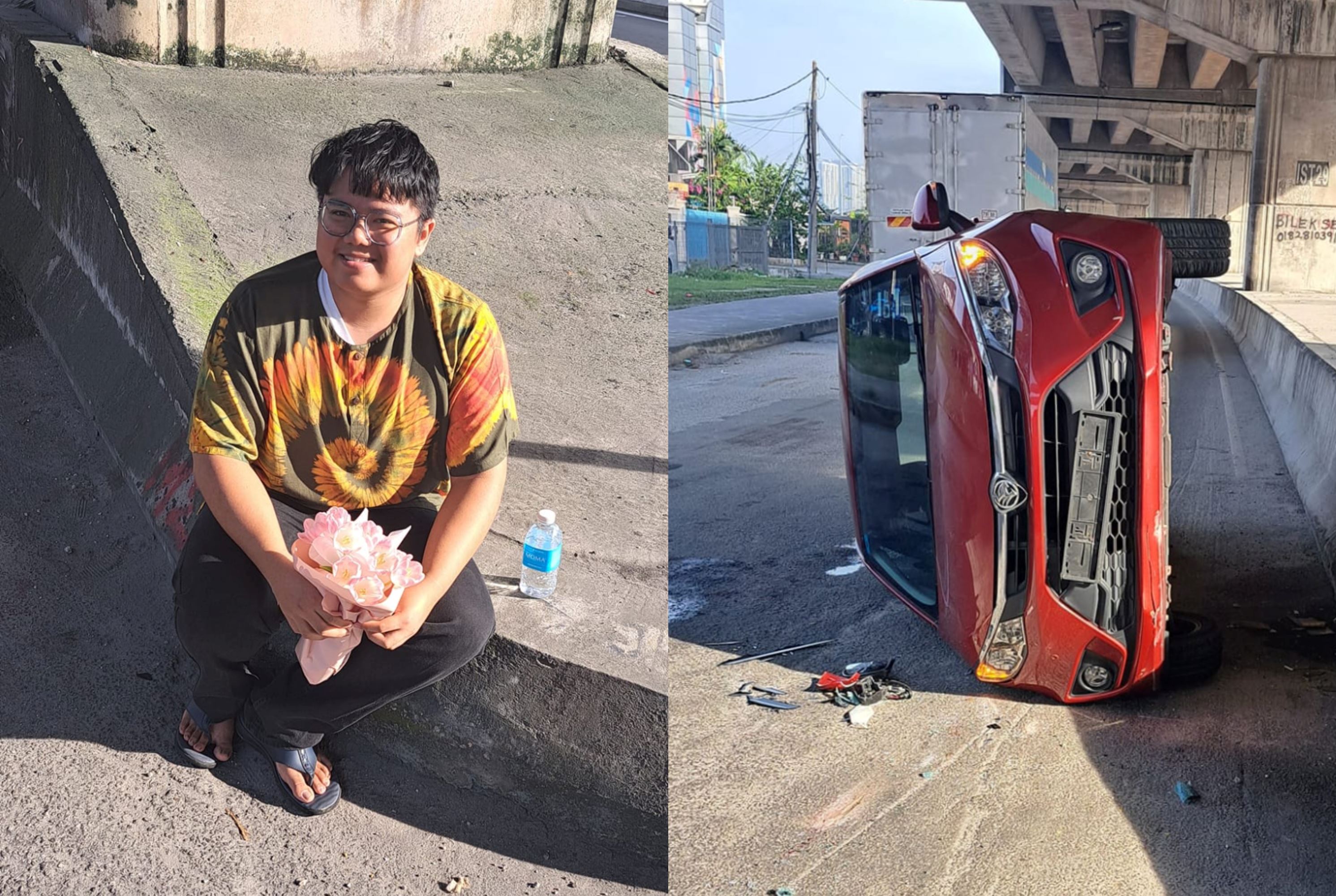 m’sian man holds on to flowers for mom’s birthday after accident, netizens touched!