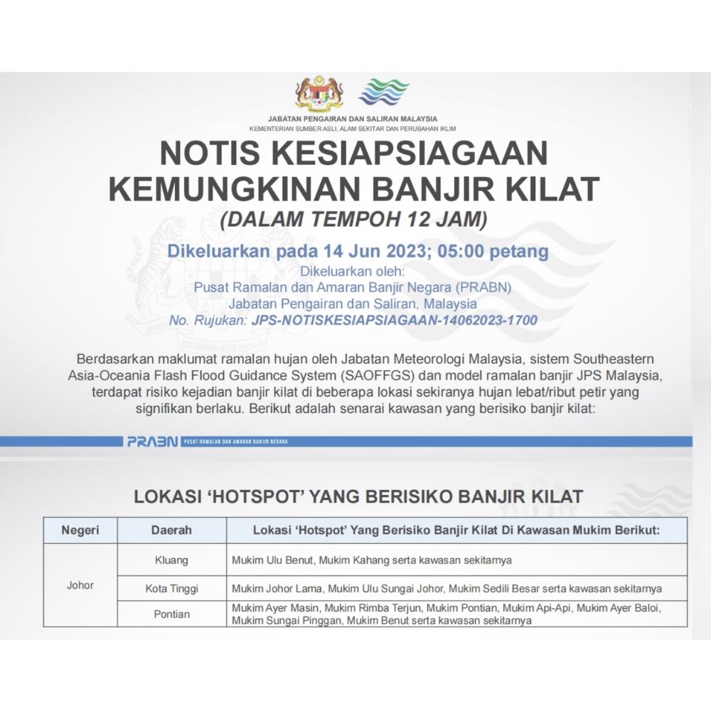 注意！柔佛3地区615恐发生闪电式水灾！
