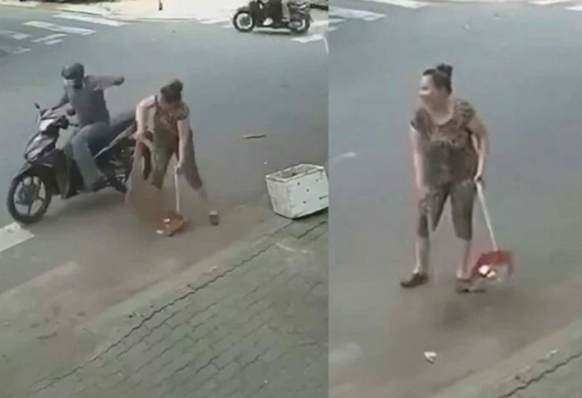 wanita ketawa bila peragut bawa lari rantai emas palsu