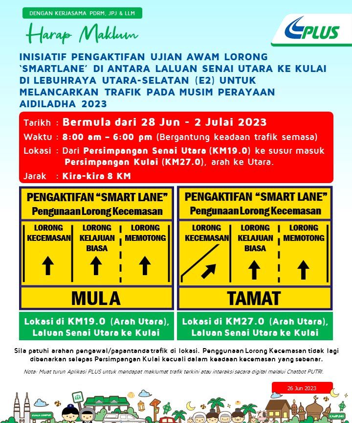 plus aktifkan lorong ‘smartlane’ di highway senai ke kulai sempena raya haji