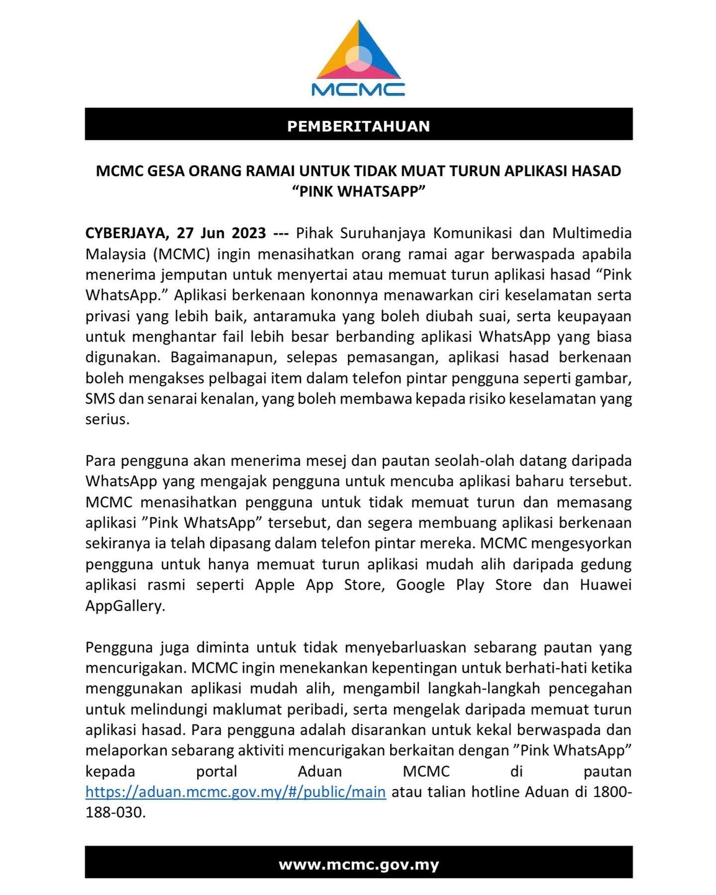 mcmc nasihat orang ramai berhati-hati bila download ‘whatsapp pink’