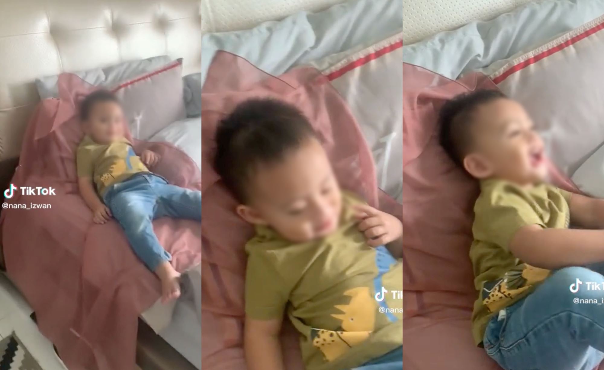 hilarious! father horrified after finding his son lazily lying down on his wife’s tudung